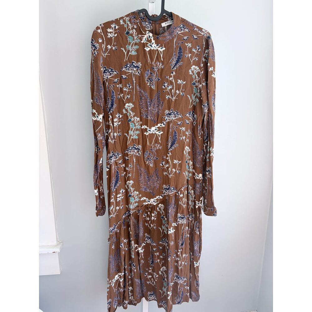 PIECES Brown Navy Floral Long Sleeve Maxi Dress S